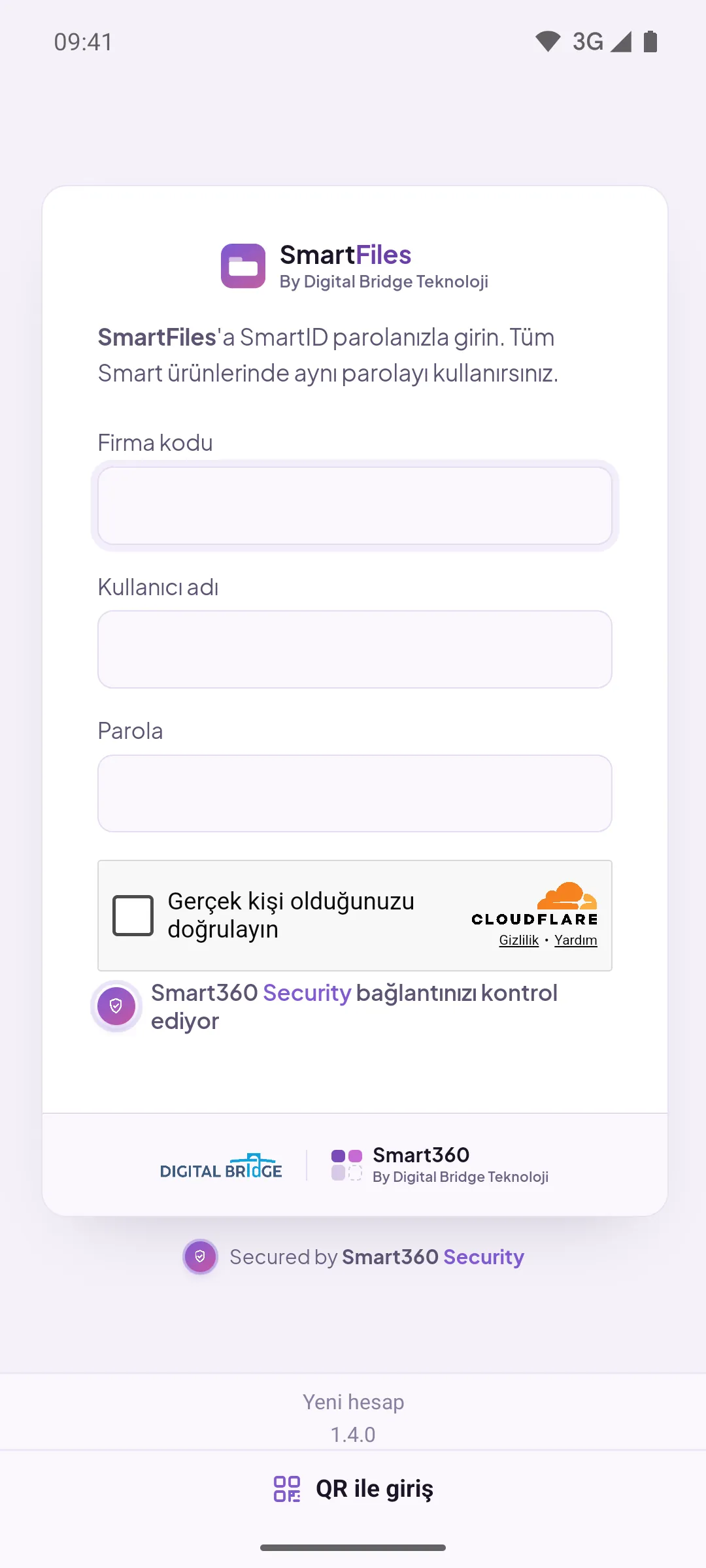 SmartFiles giriş ekranı: Smart360 giriş sayfası ve altta QR ile giriş düğmesi