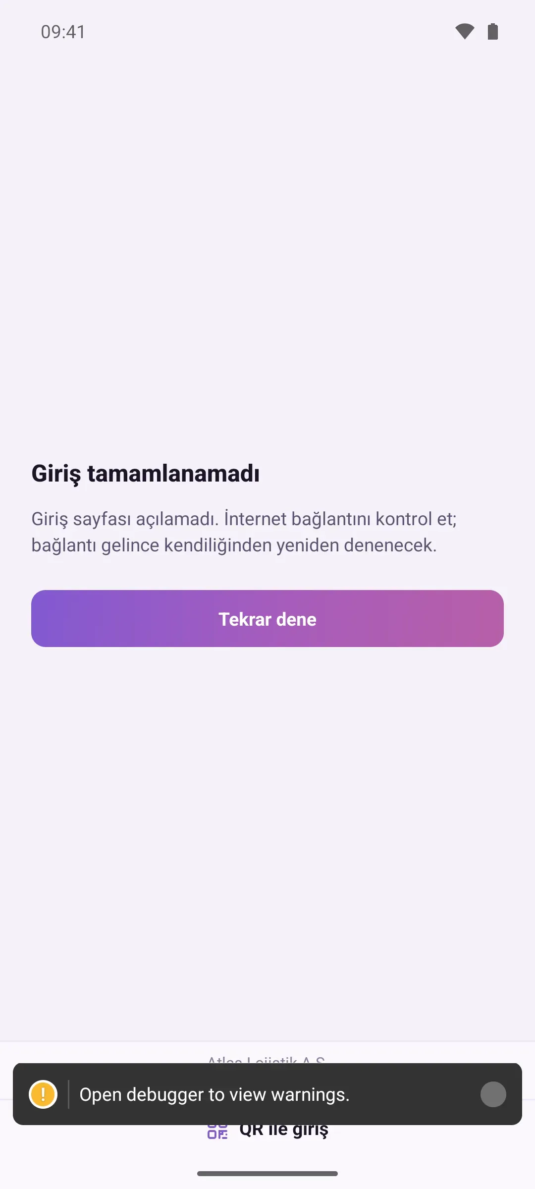 İnternet yokken giriş ekranı: Giriş tamamlanamadı mesajı ve Tekrar dene düğmesi