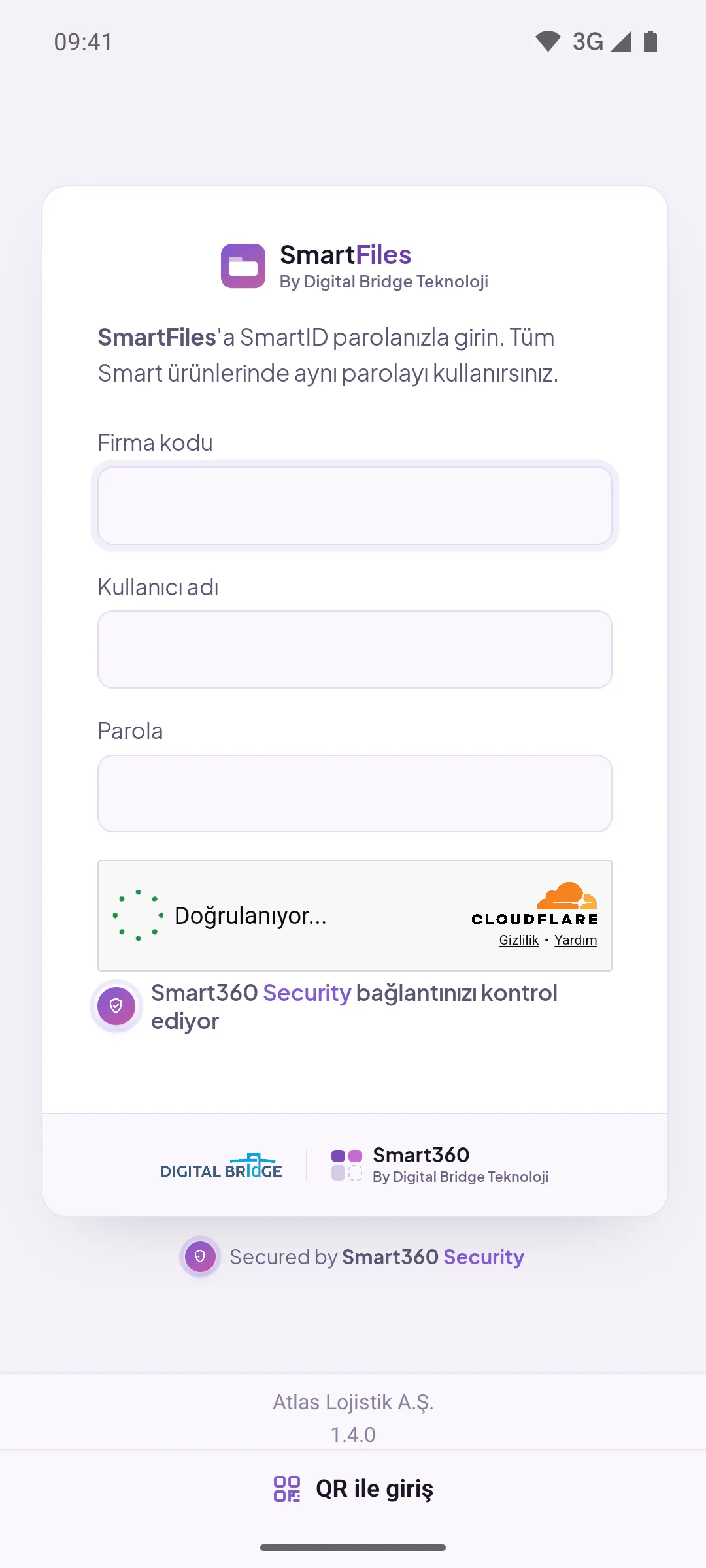 Yeniden giriş ekranı, altta firma adı