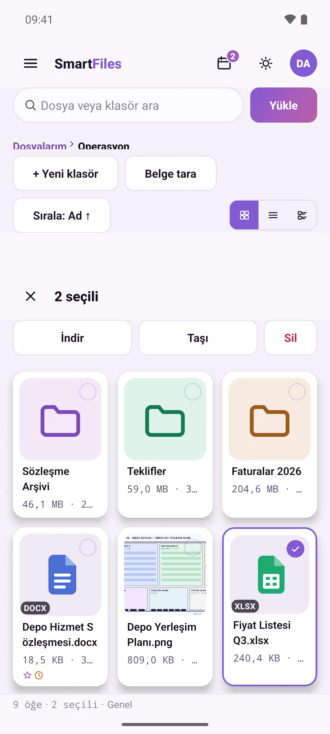 Seçim modu: iki öğe seçili