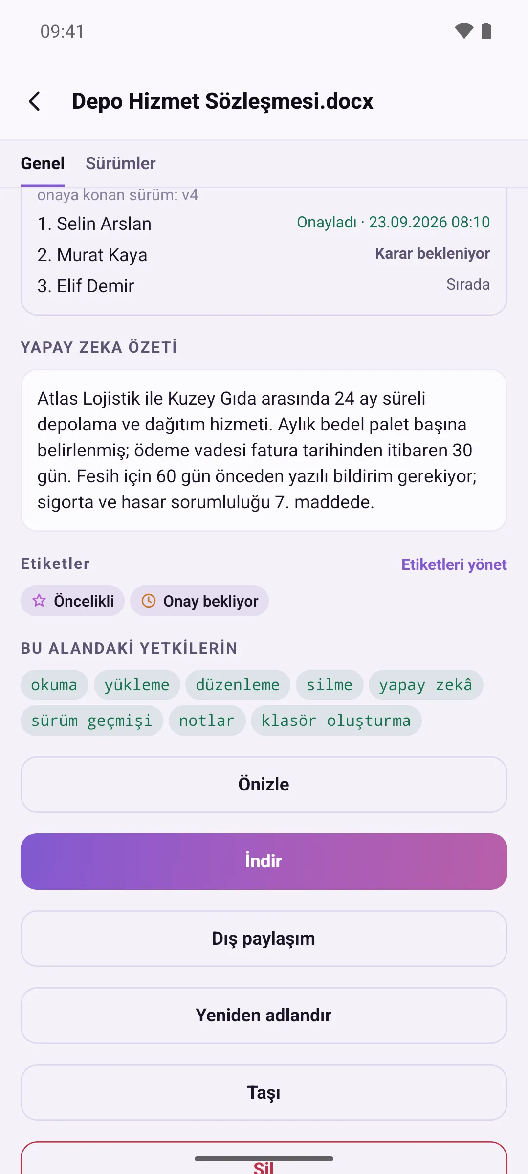 Dosya ayrıntısı, yetkiler ve eylemler