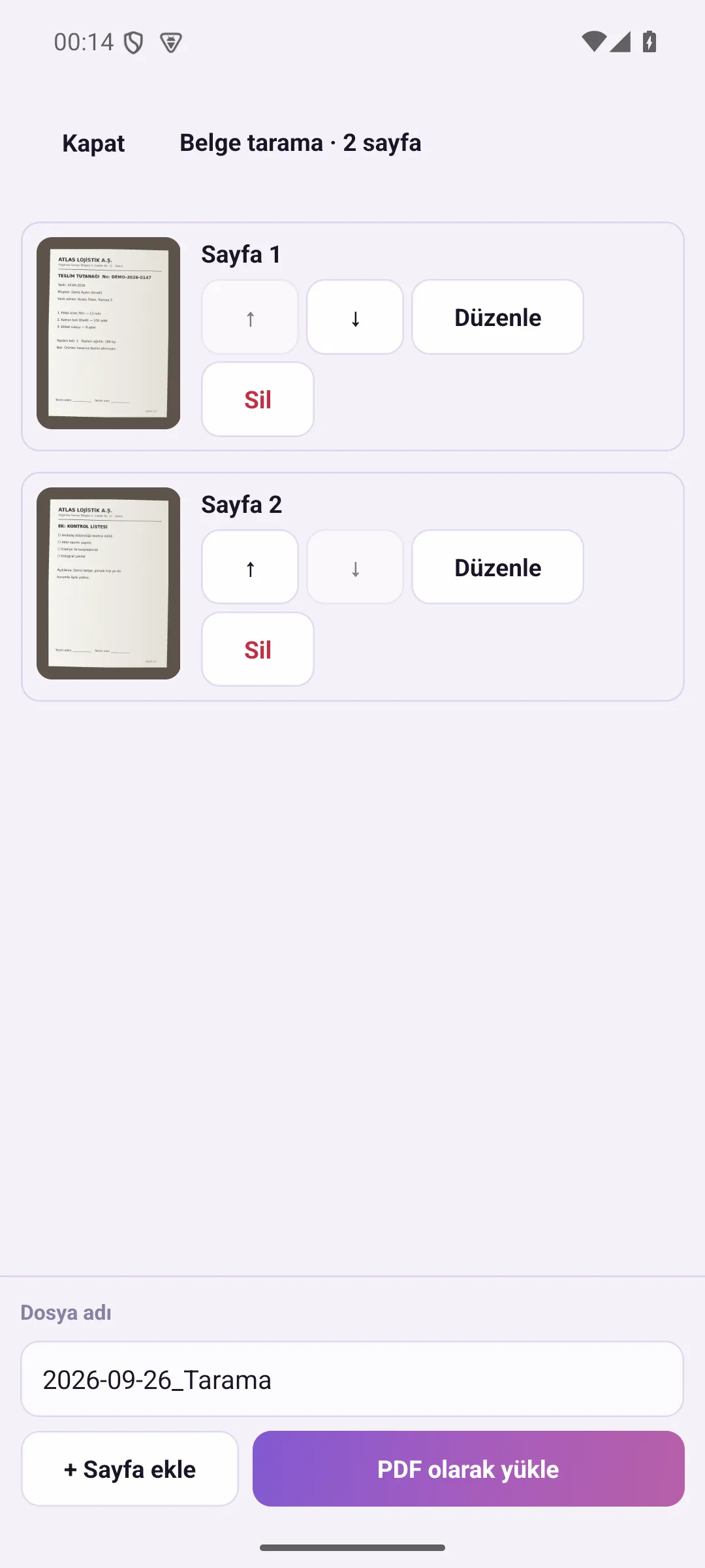 Belge tarama: çekilen sayfaların listesi ve dosya adı
