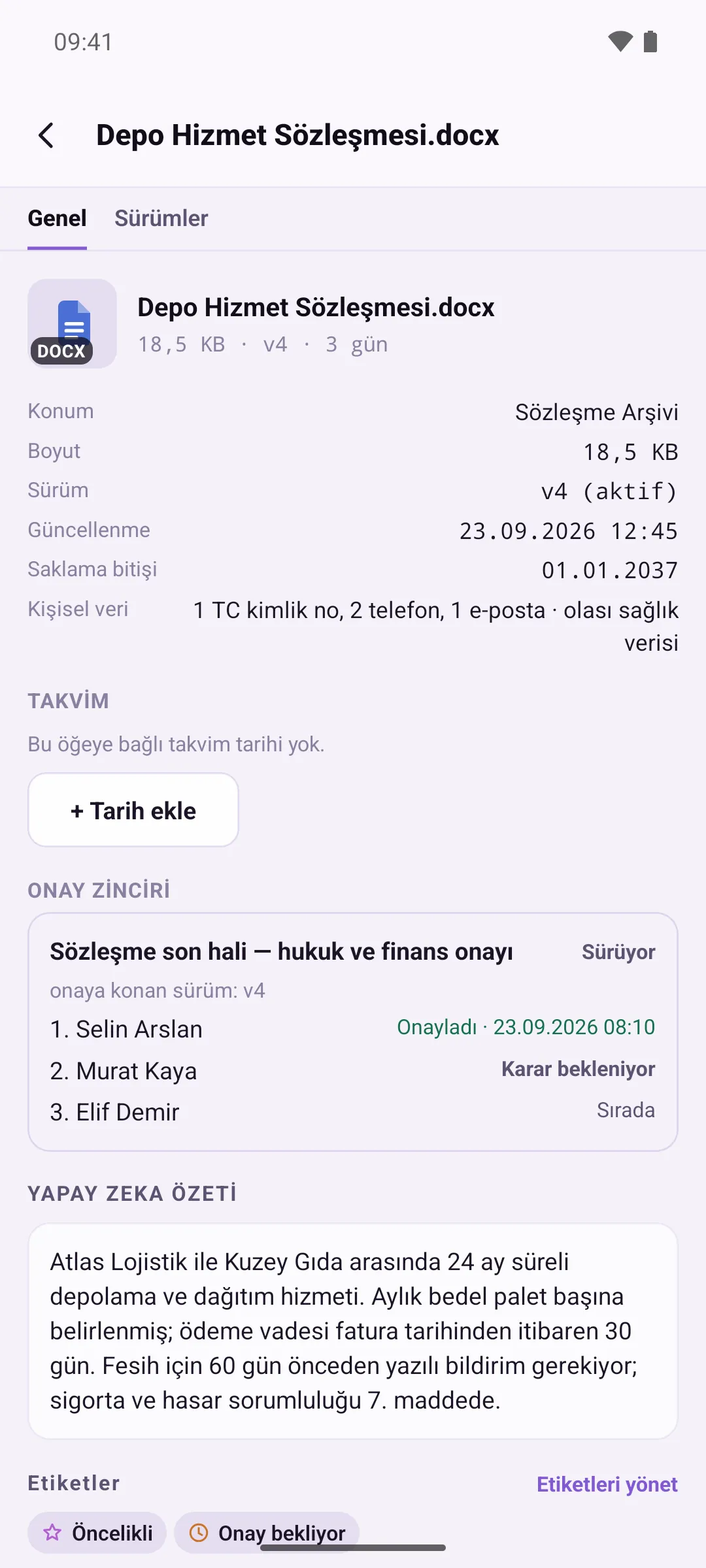 Dosya ayrıntısında kişisel veri satırı