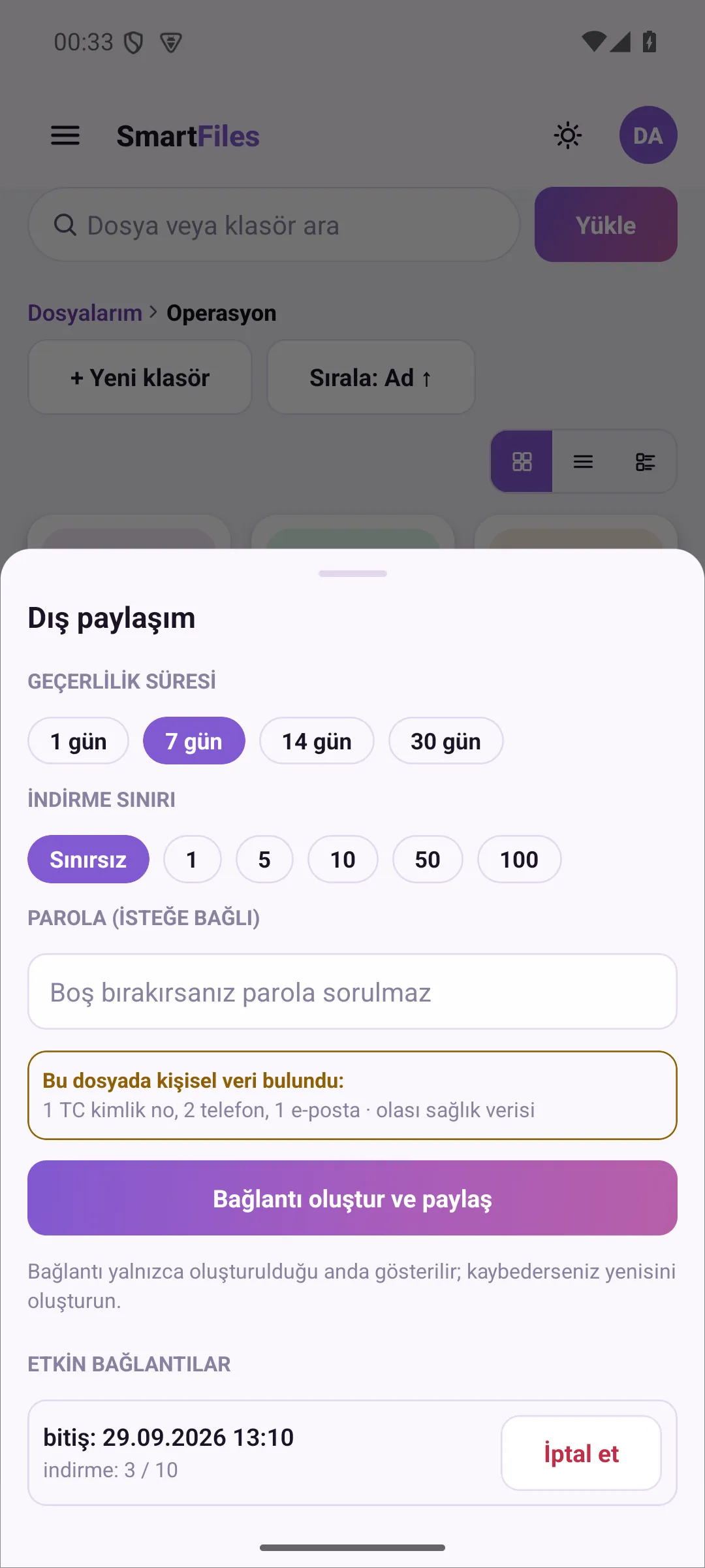 Dış paylaşım sayfasında kişisel veri uyarısı