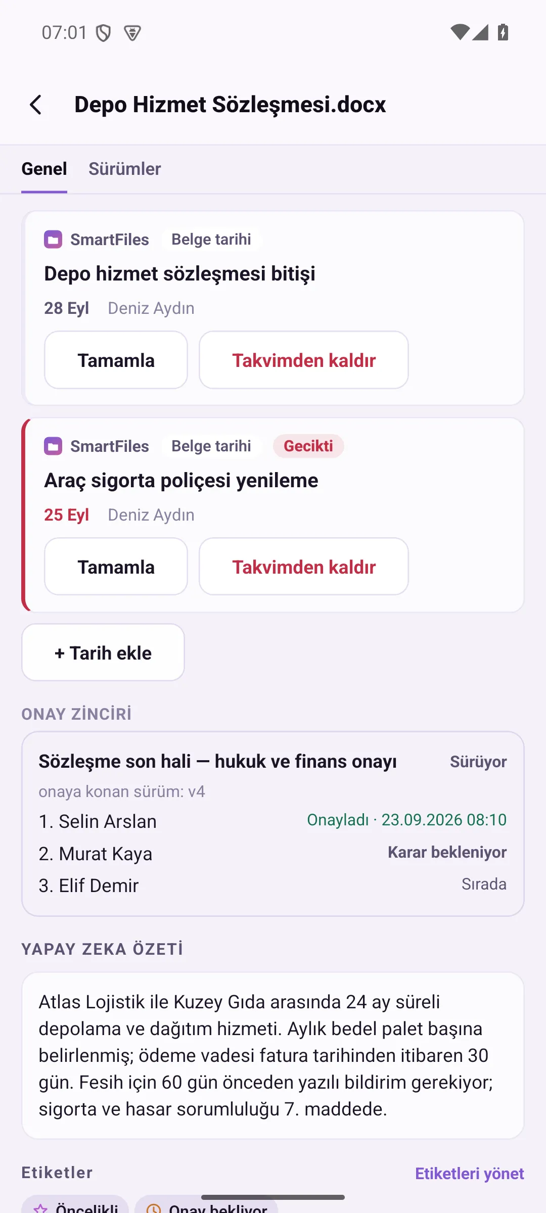 Belge ayrıntısında takvim bölümü: tarih, geciken tarih ve ekleme düğmesi