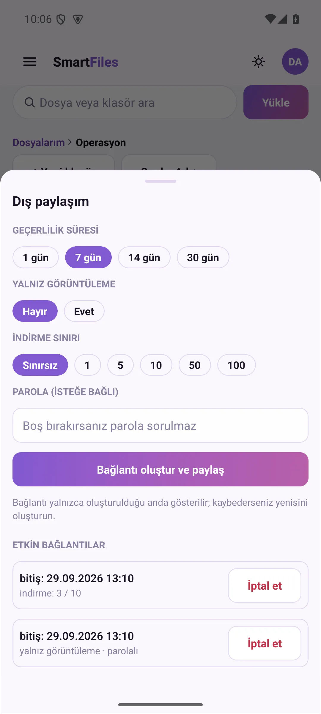 Dış paylaşım: süre, yalnız görüntüleme seçeneği ve etkin bağlantılar