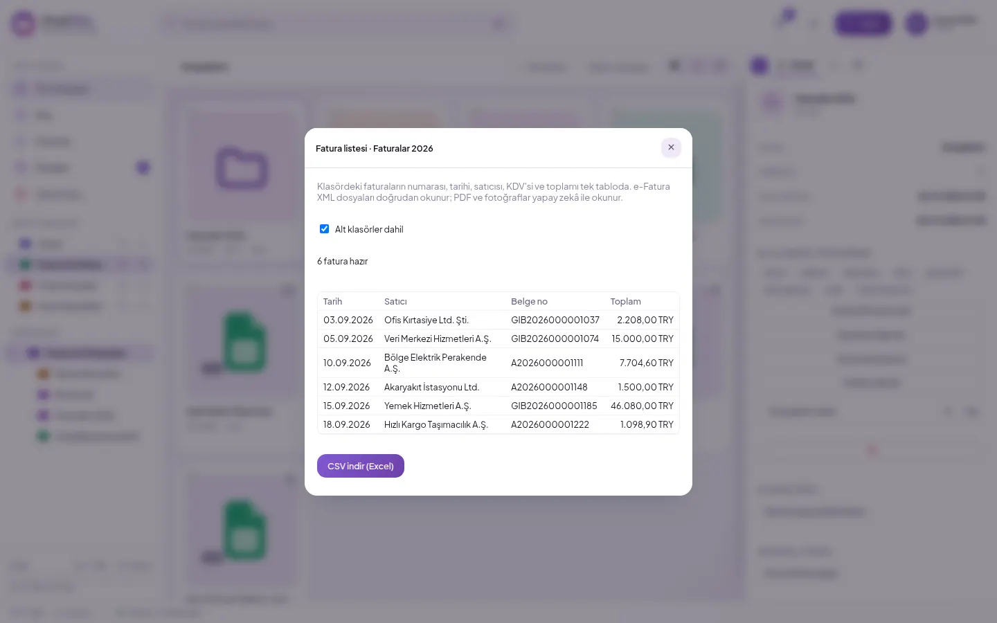 Invoice list window: invoices in the folder with date, vendor, document number and total