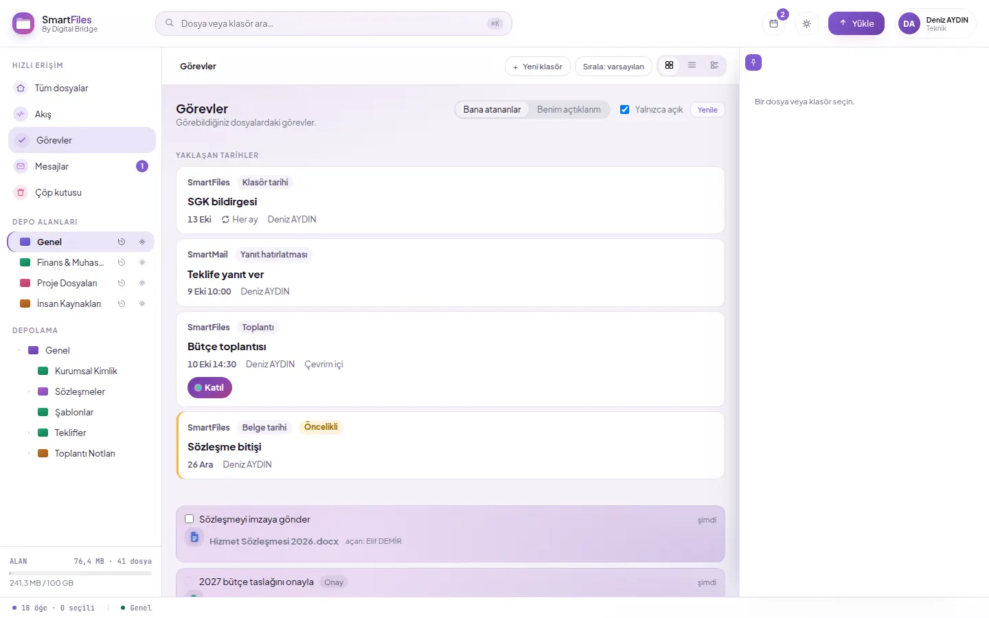 Upcoming dates in the Tasks screen: documents, folders, meetings, and SmartMail reminders
