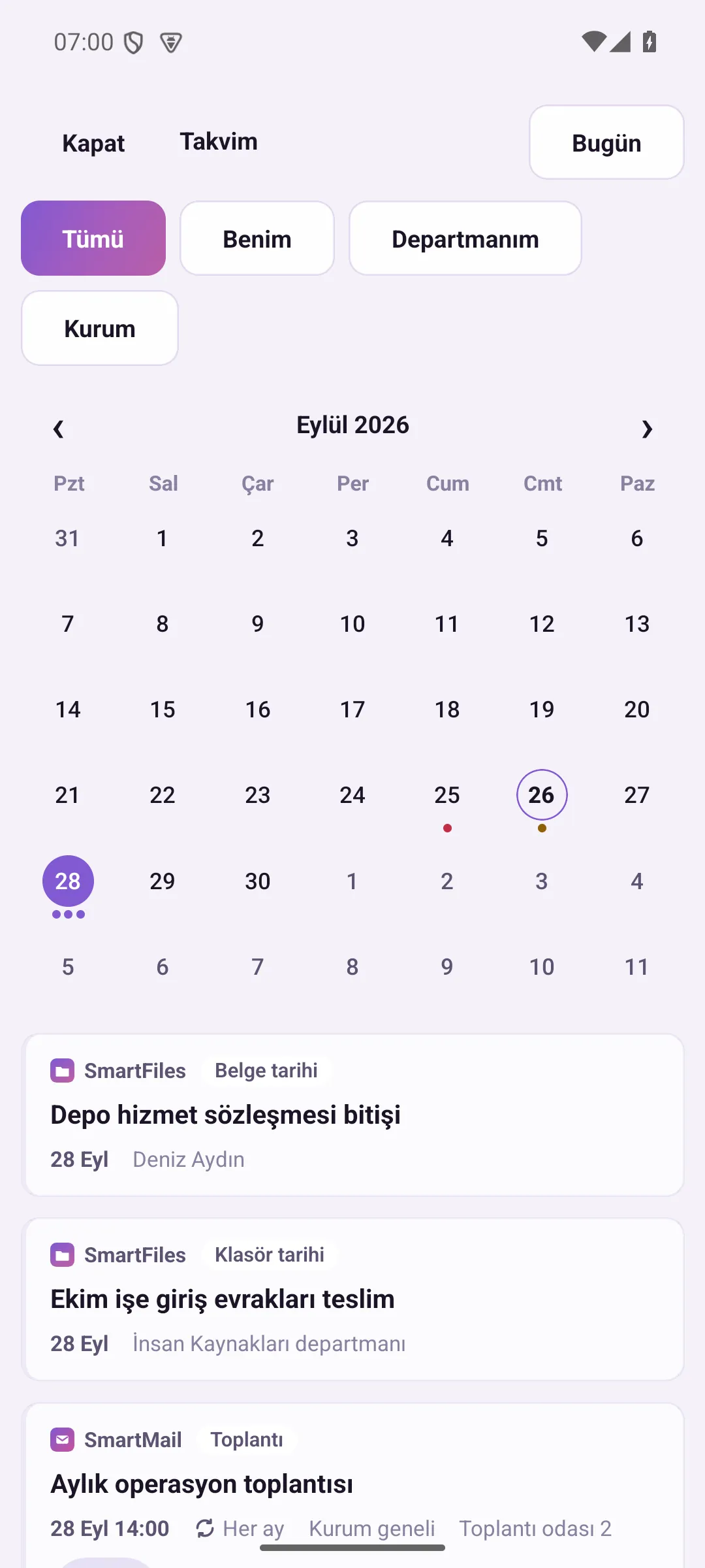 Items for one day: document date, department date, and organisation meeting