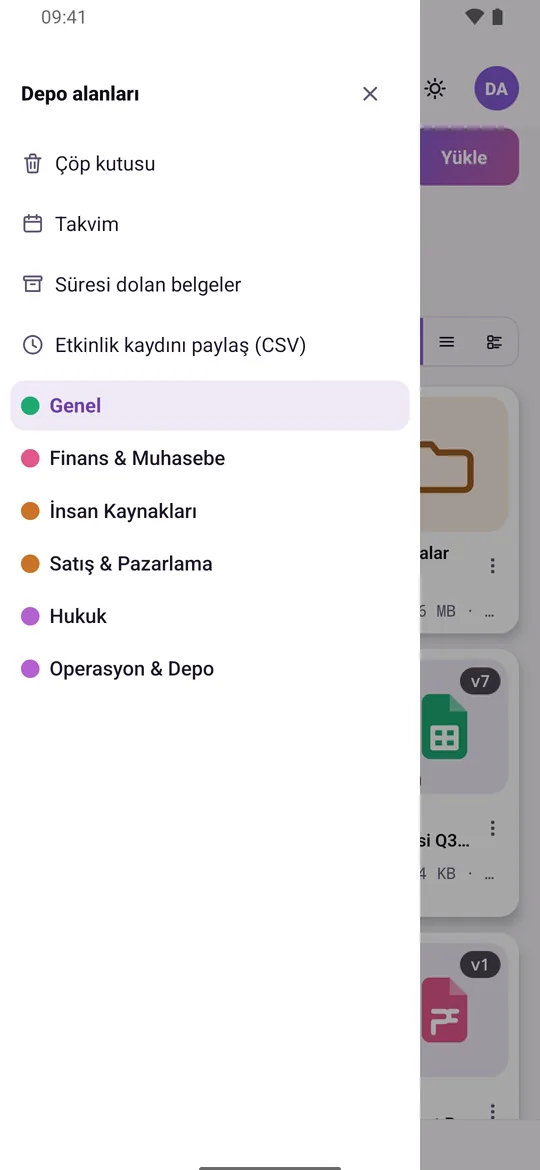 Mobil uygulamada depo alanları çekmecesi: departmanlara göre ayrılmış çalışma alanları ve çöp kutusu