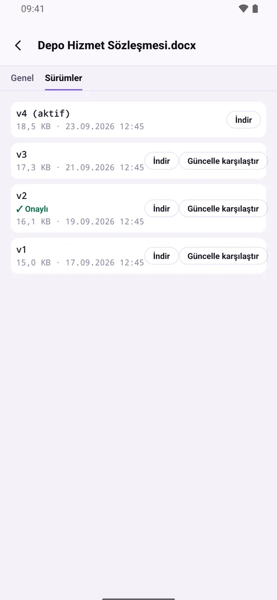 Mobil uygulamada sürüm geçmişi: her sürüm boyut ve tarihiyle, tek tek indirilebilir